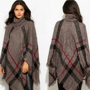 Plaid Turtleneck Poncho Cape Shawl Wrap Coverup w Fringed Hem One Size